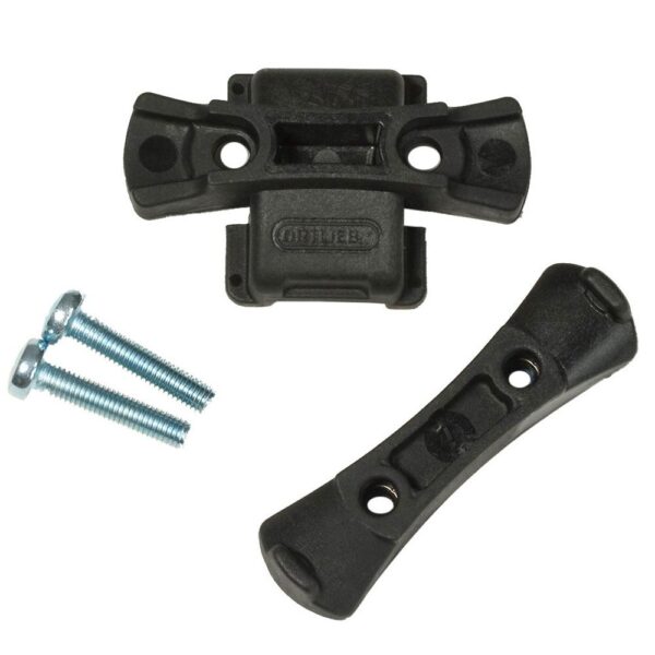 An Ortlieb Saddle-Bag Mounting-Set is shown with 2 plastic moulded pieces that fit via the two provided screws to the saddle rails of your bikes saddle