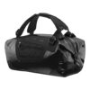 an Ortlieb Duffle bag in a black waterproof fabric is shown with it's backpack shoulder straps locked together to function as a handle