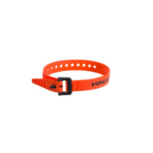 An Orange coloured Voile Strap 15" Nylon Buckle is shown with a black buckle where the strap is circled back on itself