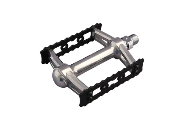 An MKS Sylvan Gordito Pedal is shown with a silver chrome looking body with black cage plates on the end.