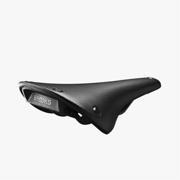 A Brooks C15 saddle is shown in black rubber with black saddle rails & backplate with Brooks branding