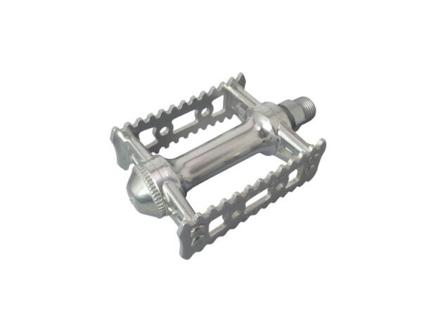 An MKS Sylvan Stream Pedal is shown in silver finish with cage plates with minimal teeth but holes for fitting toe clips