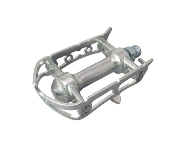 An MKS Sylvan Road Pedal is shown in silver finish with a curved cage plate around the end of the axle & a flat platform area