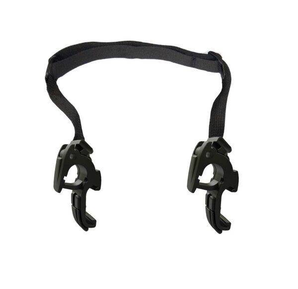 An Ortlieb QL2.1 Mounting Hooks & handle are shown in black moulded plastic with a webbing fabric handle