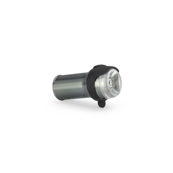 An Exposure Boost DayBright bicycle headlight is shown in a small & short torch body in a gunmetal grey cnc machined alluminium