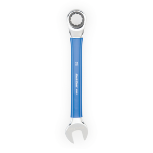 A shiny silver Park Tool 17mm Ratcheting Metric Wrench is shown with a blue vinyl middle section where you hold the tool