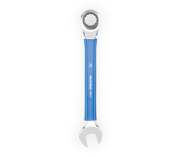 A shiny silver Park Tool 17mm Ratcheting Metric Wrench is shown with a blue vinyl middle section where you hold the tool