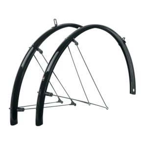 A black plastic set of SKS Bluemels Mudguards is shown with aluminium hardware