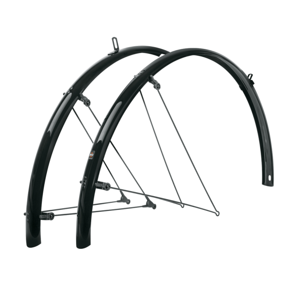 A black plastic set of SKS Bluemels Mudguards is shown with aluminium hardware