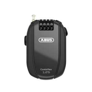 A small Abus Combiflex Trip 125 lock is shown with a combination locking mechanism in a black alloy body that looks a little like a walkie talkie