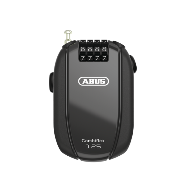 A small Abus Combiflex Trip 125 lock is shown with a combination locking mechanism in a black alloy body that looks a little like a walkie talkie