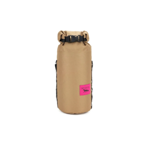 A small tubular shaped Swift Industries Gemini Cargo Pack is shown ina coyote brown colourway with a pink label and a black clasp on the roll-down closure