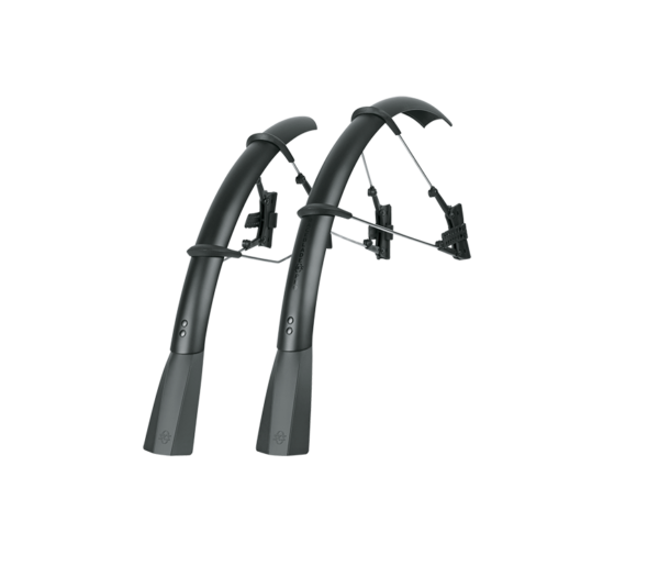 A black plastic set of SKS Raceblade Pro mudguards are shown with rubber flaps at the ends