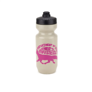 A camel coloured Swift Industries Department of Stoke Water Bottle is shown with a pink logo and a black top