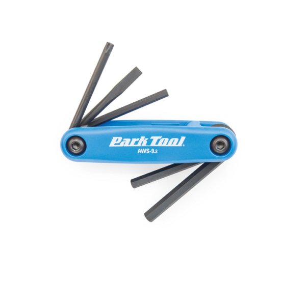 A Park Tool Fold-Up Hex Wrench Set is shown as a small multi-tool with a blue body & allen wrenches fanned out from it.