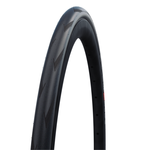 A skinny, smooth tread Schwalbe Pro One Tubeless road tyre is shown on a white background