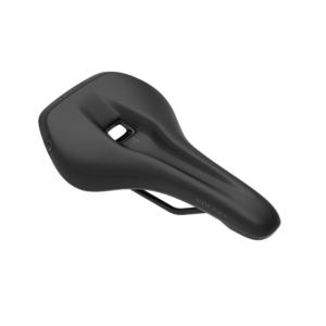 A black microfiber topped Ergon SMC Men saddle is shown with a long nose & a central cutout for pressure relief while riding