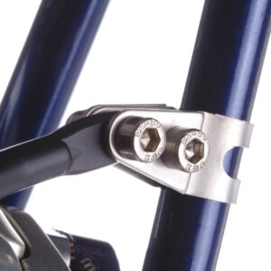 A Tubus Clamp Set is shown as a steel mounting bracket fitted to a bicycles seat stay affixing a rear rack stay to the bicycle frame