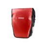 An Ortlieb Back-Roller Core bicycle pannier is shown in a red& black tarpaulin-like fabric with white branding logo