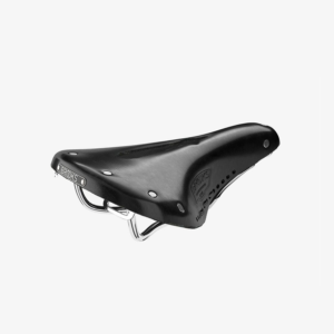 A black leather Brooks B17 Carved Short saddle is shown with high polish steel tubular railing underneath & steel rivets securing the leather top.