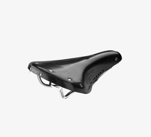 A black leather Brooks B17 Carved Short saddle is shown with high polish steel tubular railing underneath & steel rivets securing the leather top.