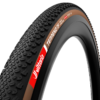 A black with brown sidewall Vittoria Terreno T50 Mixed Gravel Endurance tyre is shown in a render, fitted to a black carbon bicycle rim