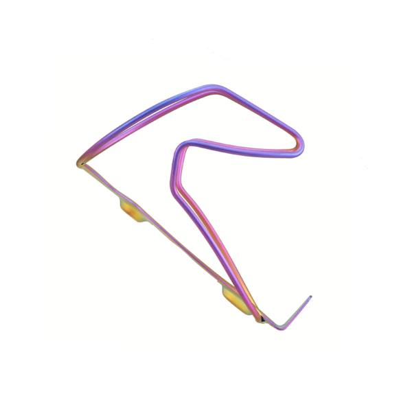 A Supacaz TiFly Electric Purple bottle cage is shown in an oil slick rainbow colourway