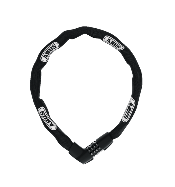 An Abus Tresor 1385 chain bicycle lock is shown with a black fabric covering & a combination locking mechanism in black resin