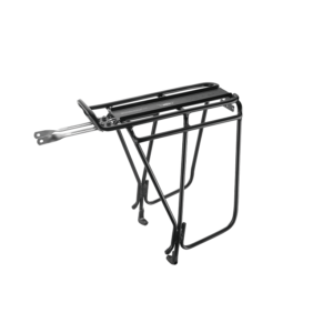 A Black Topeak Super Tourist DX bicycle carrier rack is shown with silver metal stays