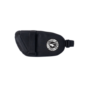 An all black ULAC Radtail Pro 1.0L saddle bag is shown with a logo of a sad bird on the side