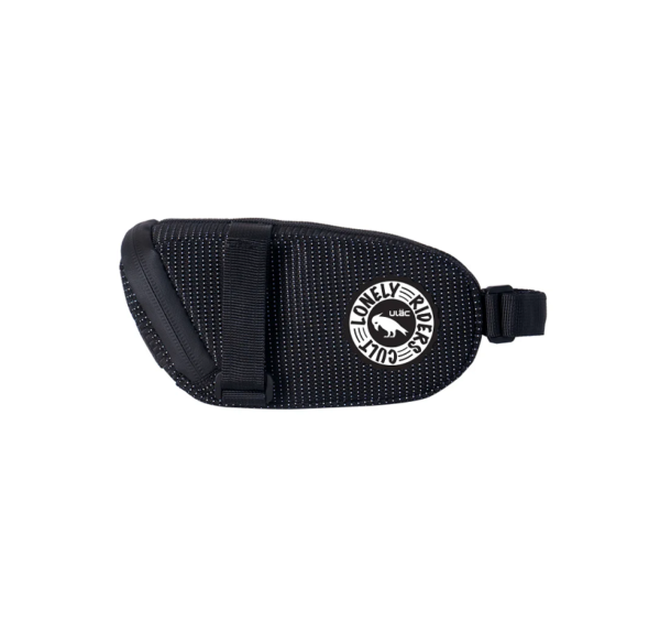 An all black ULAC Radtail Pro 1.0L saddle bag is shown with a logo of a sad bird on the side